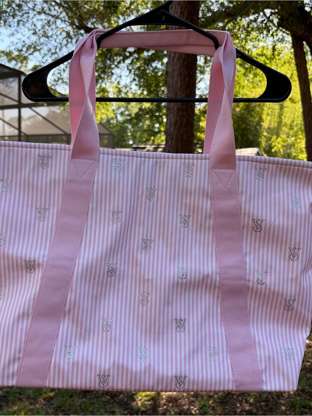Victoria's Secret Pink Striped Shoulder Tote with Silver Logo Accents